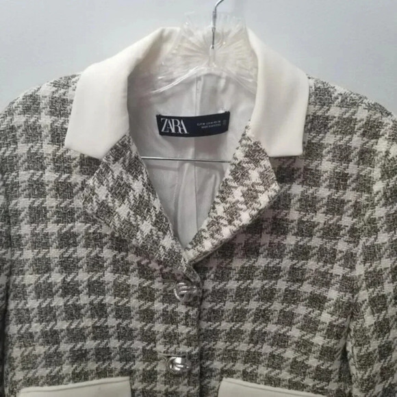 Zara Textured Plaid Houndstooth Cropped Jacket Blazer Ecru M - Picture 14 of 16